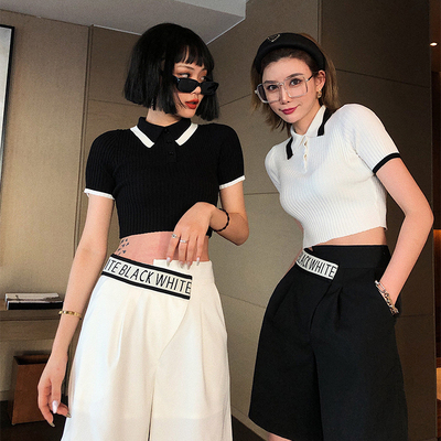 Contrast collar short sleeve T-shirt women's new Korean style versatile top