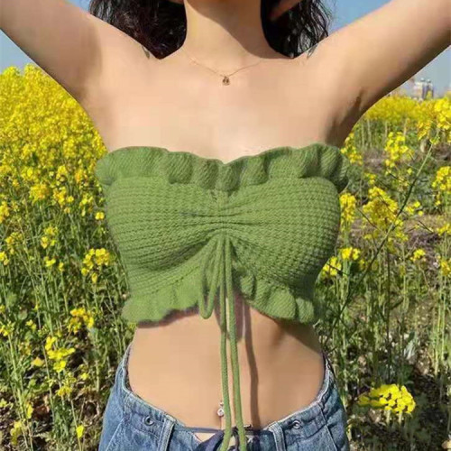 Summer new style suspender vest women's European and American style wood ear pull cord open navel bra knitted top fashion
