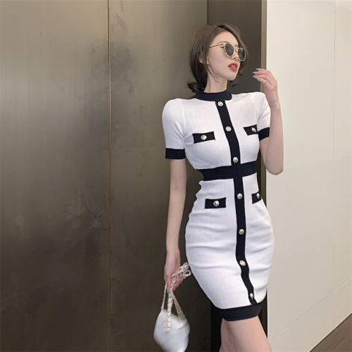 Real shot color matching stand collar drill button knitted dress with buttocks real price