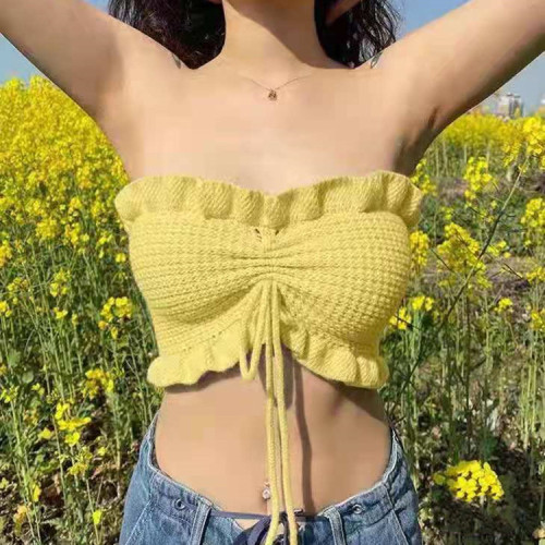 Summer new style suspender vest women's European and American style wood ear pull cord open navel bra knitted top fashion