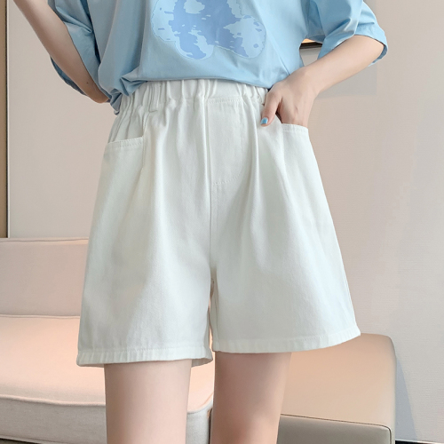 Real shot white denim shorts women's summer new high waist A-line loose wide leg large size apricot thin hot pants