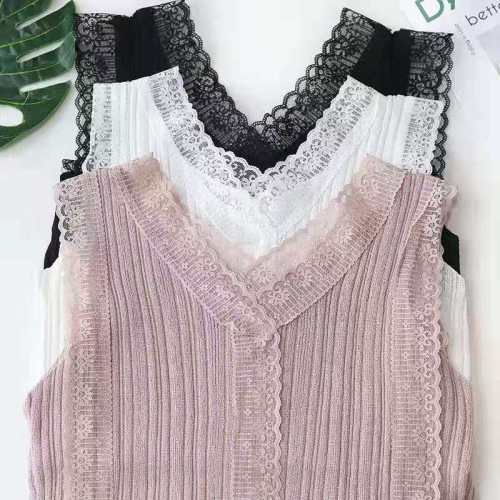 Sweet V-neck cut-out lace knitted vest for Korean women's slim fit