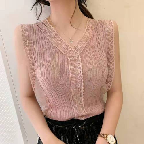 Sweet V-neck cut-out lace knitted vest for Korean women's slim fit