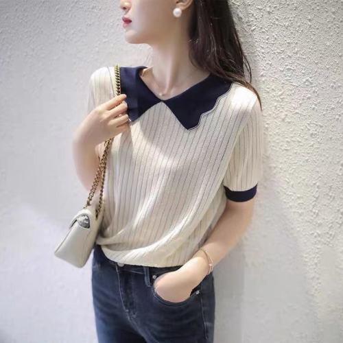 Elegant age reduction 2021 spring and summer new Lace Baby collar exquisite hollow out ice silk short sleeve T-shirt blouse