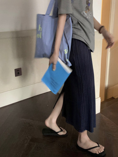 Official three dimensional pleated split skirt women's summer thin Korean high waist mid length skirt
