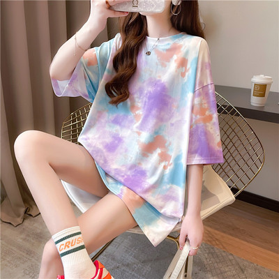 Mid length tie dye ins super fire short sleeve T-shirt women's mixed color tie dye loose top in spring and summer