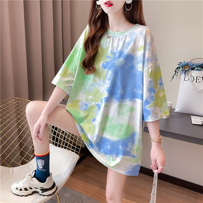 Mid length tie dye ins super fire short sleeve T-shirt women's mixed color tie dye loose top in spring and summer