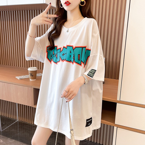 Real shot large medium length letter short sleeve T-shirt summer Korean loose medium length top