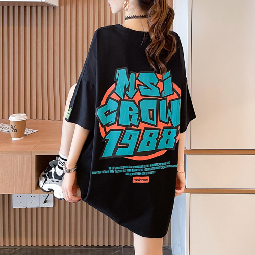 Real shot large medium length letter short sleeve T-shirt summer Korean loose medium length top