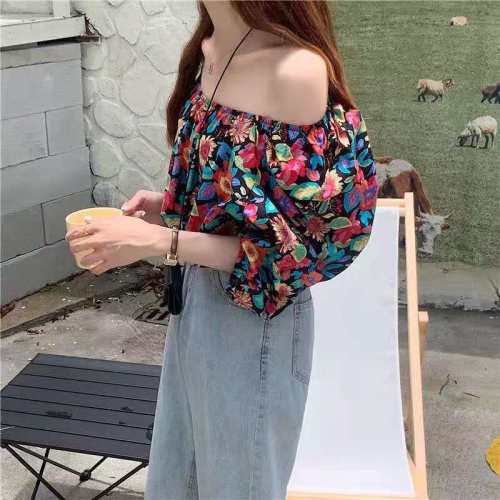 Korean summer one neck off shoulder top women's floral bubble sleeve loose and thin foreign style Short Sleeve Chiffon shirt