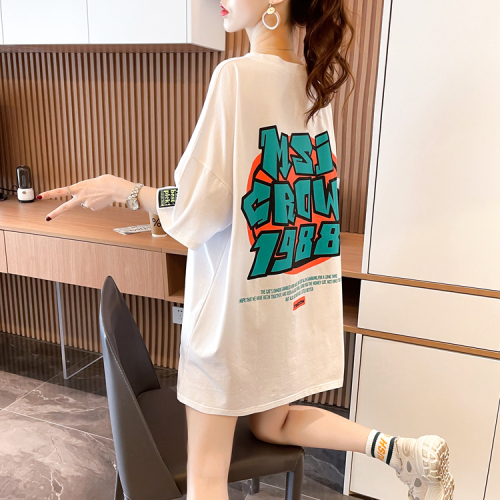 Real shot large medium length letter short sleeve T-shirt summer Korean loose medium length top