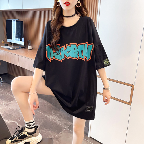 Real shot large medium length letter short sleeve T-shirt summer Korean loose medium length top