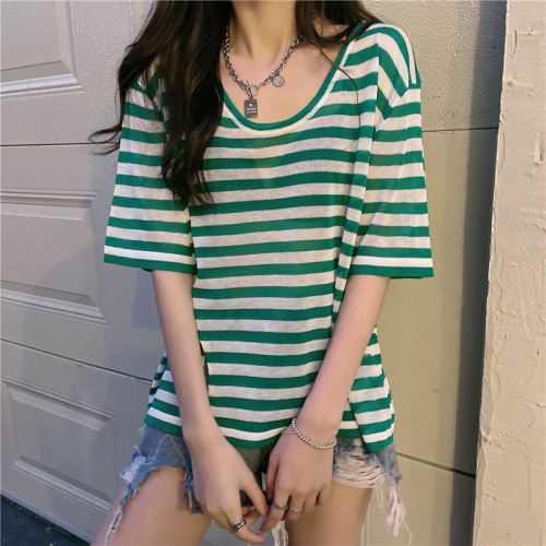 Real shot real price Korean design split stripe thin loose V-neck short sleeve T-shirt for women