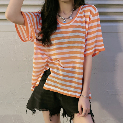 Real shot real price Korean design split stripe thin loose V-neck short sleeve T-shirt for women