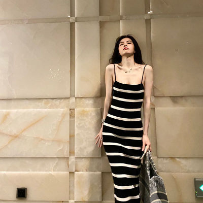 Stitching contrast stripe knitting ice silk suspender dress sexy hot girl slim fit tight bag buttock long skirt female summer