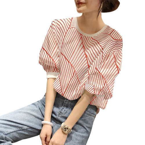 Korean summer new Red Lantern Sleeve women's stripe short sleeve loose round neck bubble sleeve top