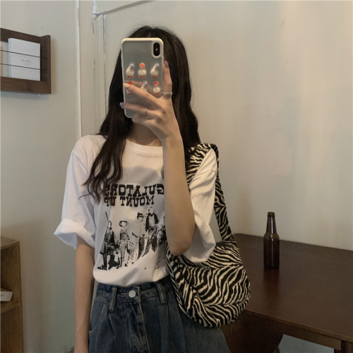 Real shot real price Korean summer style thin Abstract printing round neck short sleeve T-shirt women's clothing