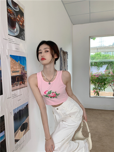 Real price ~ spring and summer new pink fuguihua print short round neck vest for women