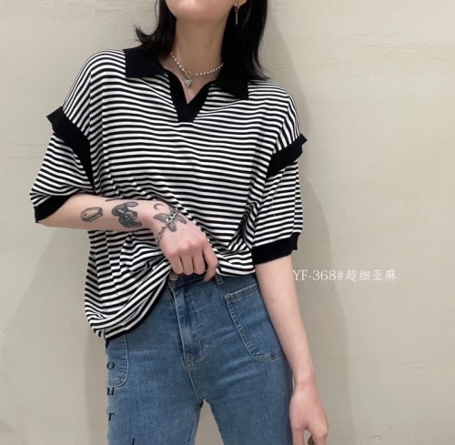 Black and white stripe stitching ice silk T-shirt short sleeve T-shirt summer women's loose half sleeve thin Linen Shirt