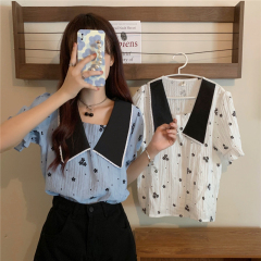 French retro bubble sleeve chic sweet floral short sleeve shirt blouse