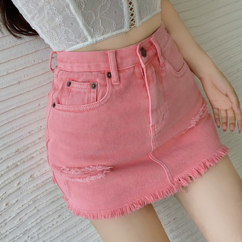 Real price pink denim skirt women's summer high waist slim word skirt sweet spicy temperament short skirt with safety pants
