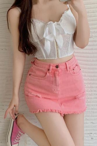 Real price pink denim skirt women's summer high waist slim word skirt sweet spicy temperament short skirt with safety pants