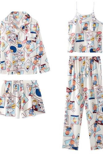 Real pajamas spring, summer and autumn long sleeve trousers ice silk seven piece sling shorts home suit Snoopy