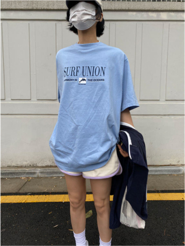 ~Summer dolphin letter blue retro print Short Sleeve T-Shirt Top Korean Girls Summer