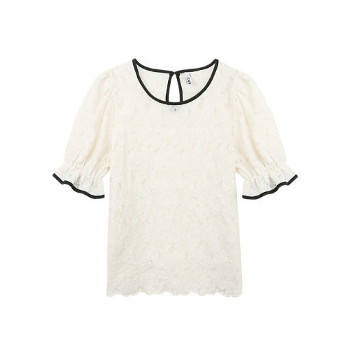 New Korean design in summer: Trumpet sleeve embroidered flower lace T-shirt women's contrast round neck T-shirt