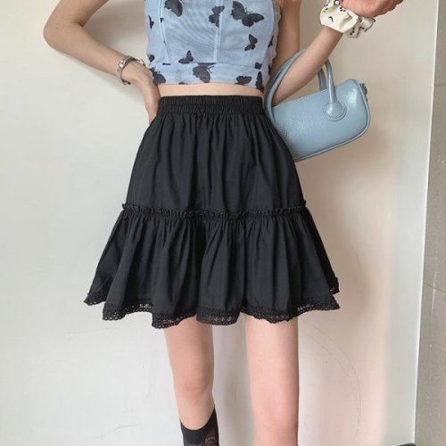 Black fashionable skirt women's 2021 summer new Ruffle stitching lace skirt
