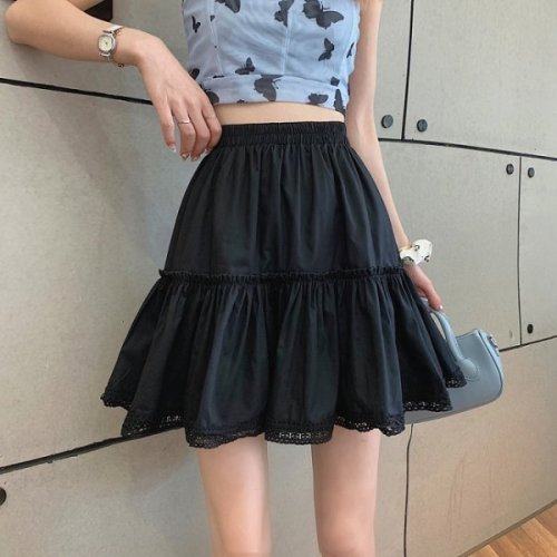 Black fashionable skirt women's 2021 summer new Ruffle stitching lace skirt
