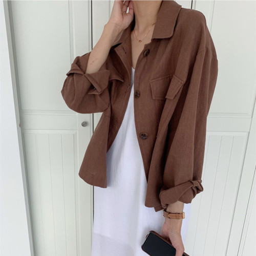 Pol collar big pocket loose jacket tooling top women's 2021 spring Korean cotton hemp air conditioning jacket casual coat