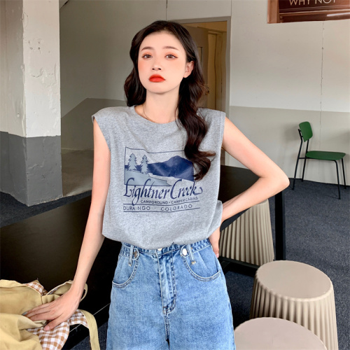 Real price summer loose print sleeveless crimped vest T-shirt