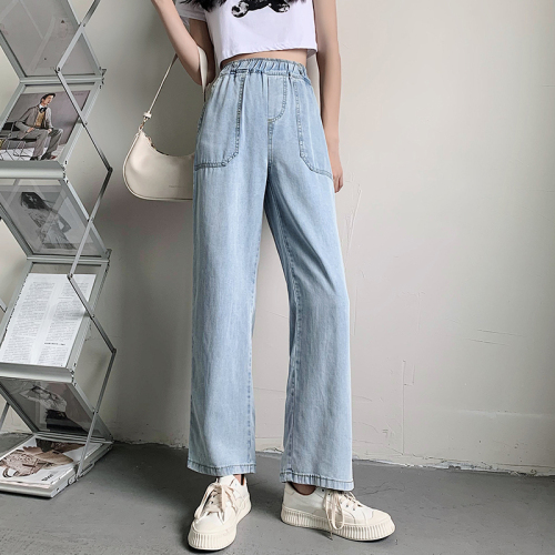 Real picture of Tencel jeans wide leg pants women's high waist summer thin loose straight tube drop feeling ice light color nine cent pants