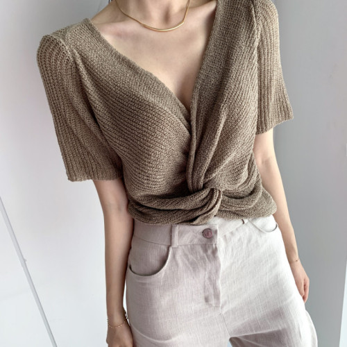 Open back knot design, front and back, short sleeve and fashionable knitwear made of linen