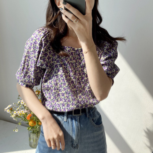 Retro Floral Chiffon shirt women's summer thin short sleeve shirt French square collar design small bubble sleeve top