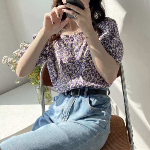 Retro Floral Chiffon shirt women's summer thin short sleeve shirt French square collar design small bubble sleeve top