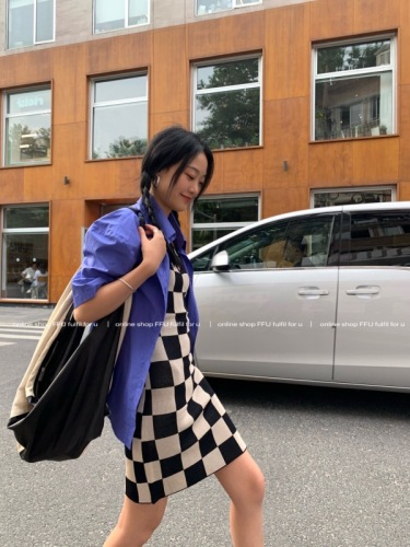 Fried Street dress  new summer nun slim Korean fashionable Plaid medium length knitted skirt