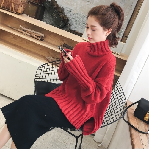 Autumn and Winter 2018 New Korean Edition Open-forked High-collar Suit Red Mesh Sweater Lazy and Loose Knitted Top