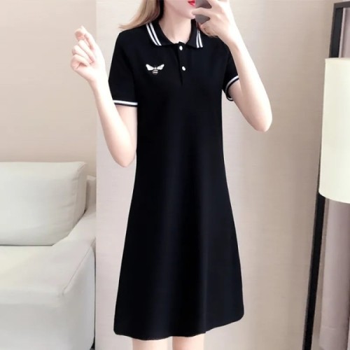 Polo neck large size dress women's summer  new Korean small short sleeve medium length embroidered T-shirt skirt