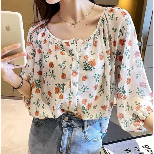 Korean summer small fresh temperament casual versatile thin sunscreen Long Sleeve Chiffon shirt women's floral top
