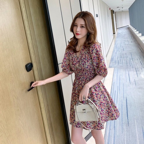  new summer Korean Chiffon V-neck waist slim skirt style retro floral dress