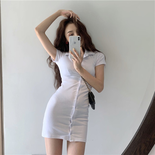 Korean Polo neck short sleeve dress women's 2021 new spring solid color versatile slim short skirt