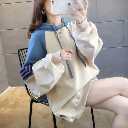 Real shooting autumn new Korean loose hooded color matching top large women's long sleeve thin sweater