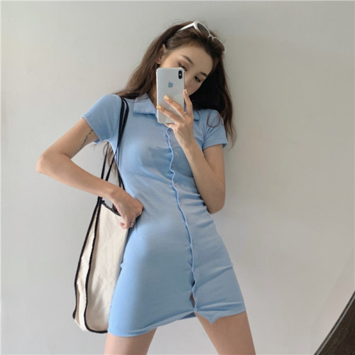 Korean Polo neck short sleeve dress women's 2021 new spring solid color versatile slim short skirt