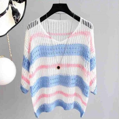 Fresh and versatile cut out contrast stripe ice silk knitted 5-sleeve top for women