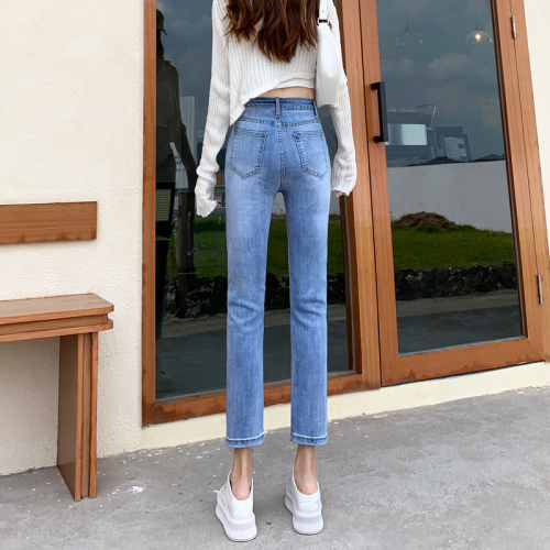 Real shot light color jeans autumn new 8-inch straight tube loose high waist slim pipe 9-inch pants