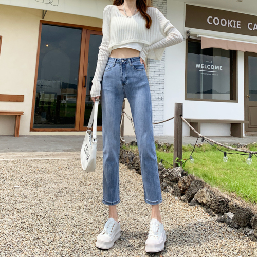 Real shot light color jeans autumn new 8-inch straight tube loose high waist slim pipe 9-inch pants