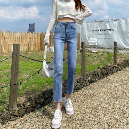 Real shot light color jeans autumn new 8-inch straight tube loose high waist slim pipe 9-inch pants