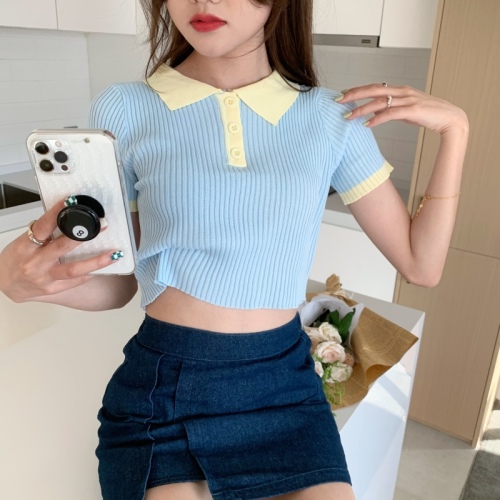 Real price color contrast polo collar high waist knitted T-shirt